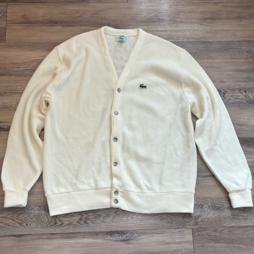 VTG Lacoste preppy grandpa acrylic v neck button cardigan sweater Sz XL
